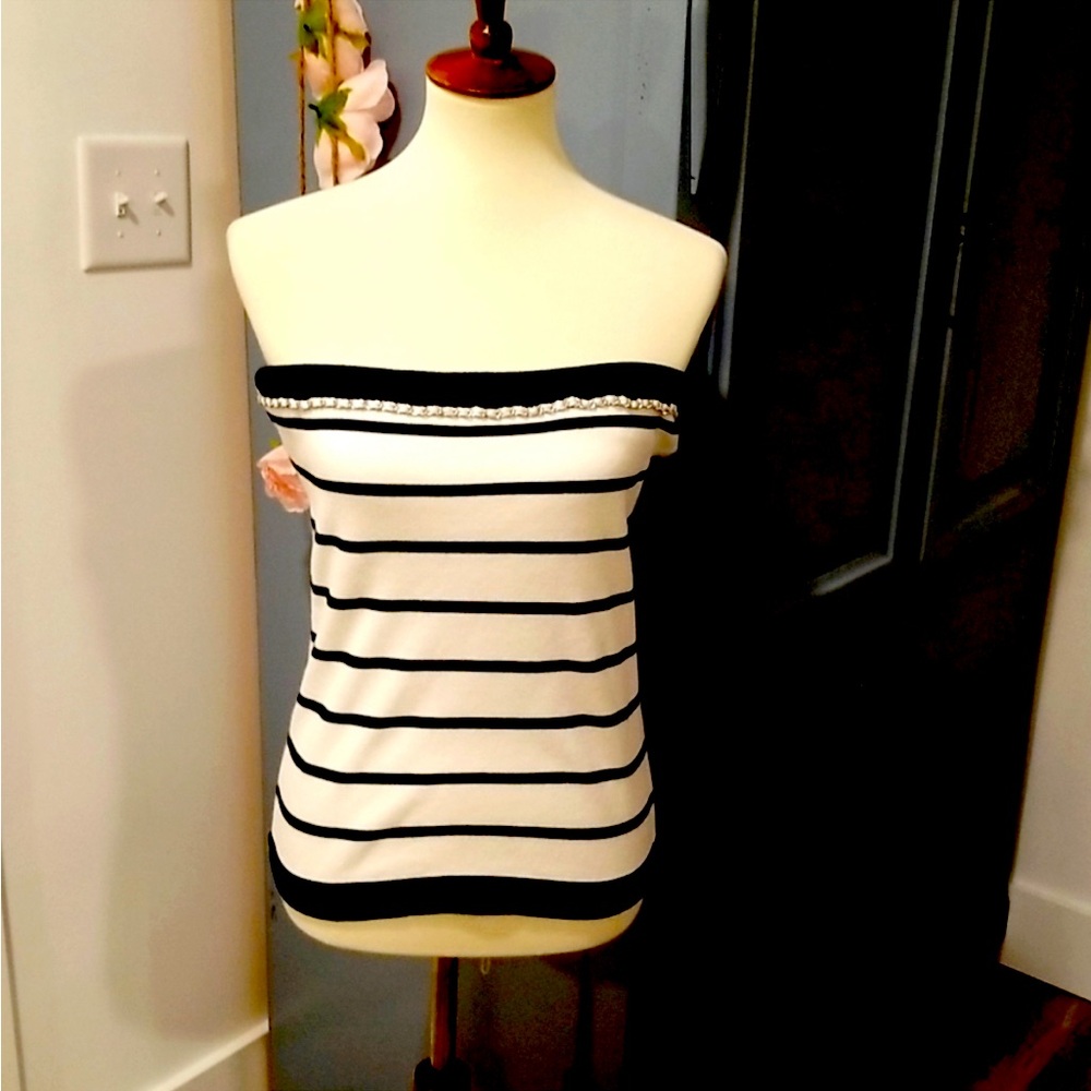 NWT WHBM Striped Black and White Sweater Tube Top, Size Large